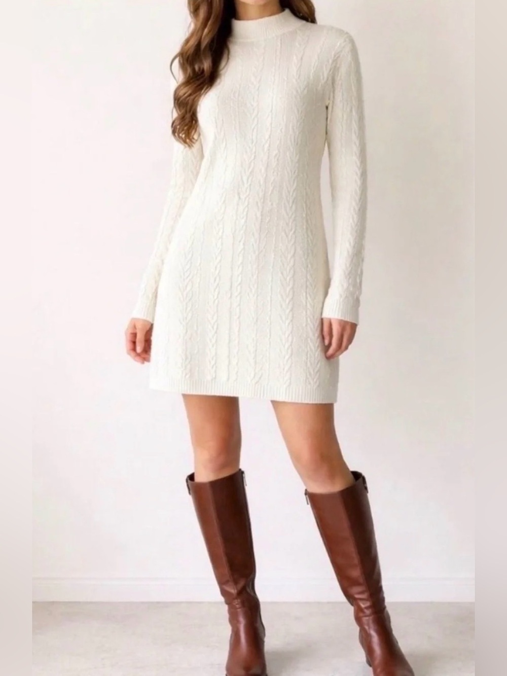 Abercrombie & Fitch Ivory Cable-Knit Mock Neck Long Sleeve Dress